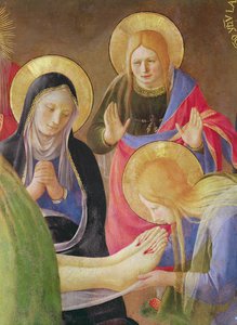 A lamentação de Cristo detalhe de Maria Madalena beijando pés de Cristo, 1436 têmpera sobre madeira
